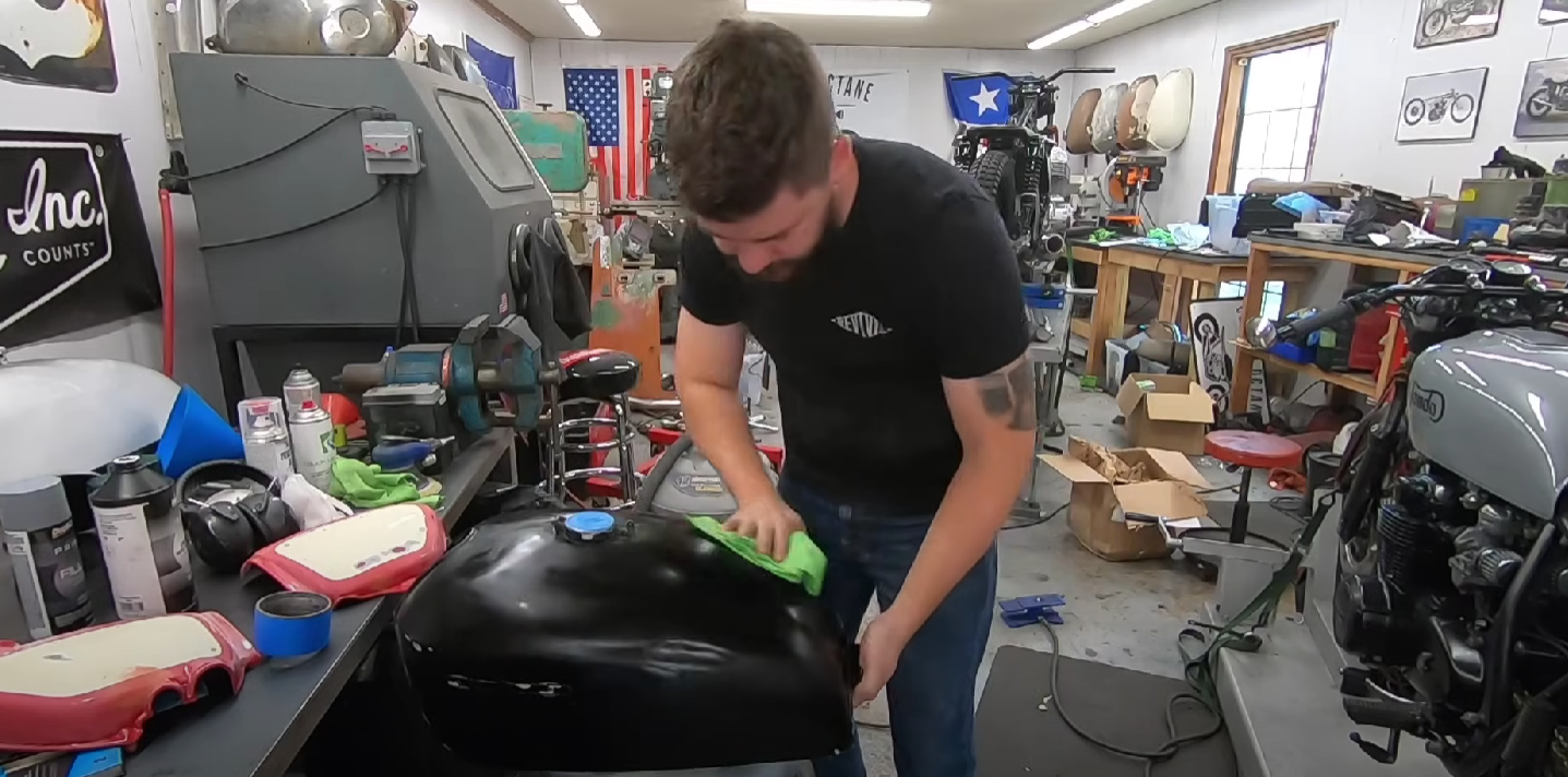 Motorcycle Tank Painting in Shop